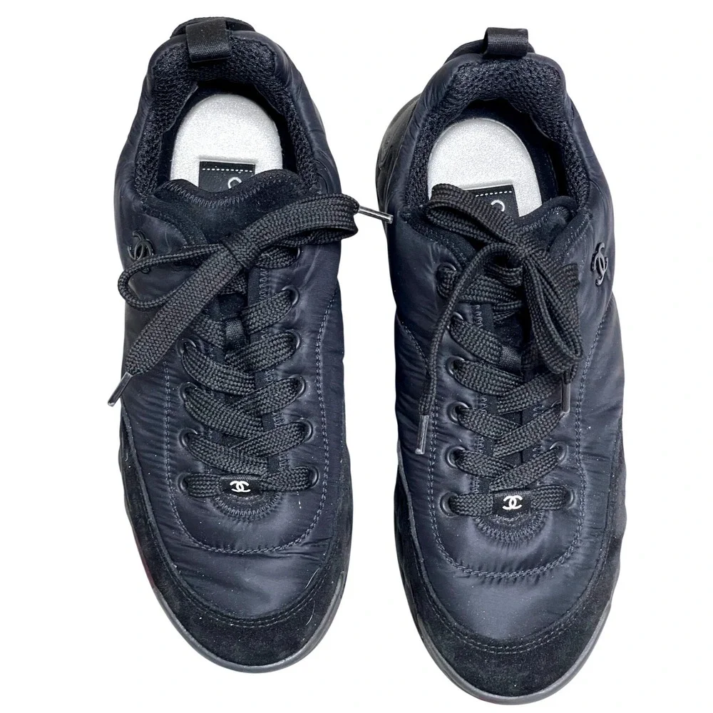Chanel G38035‎ Black Nylon Suede Sneakers CC Logo Trainer Shoes EU 39 US 8.5